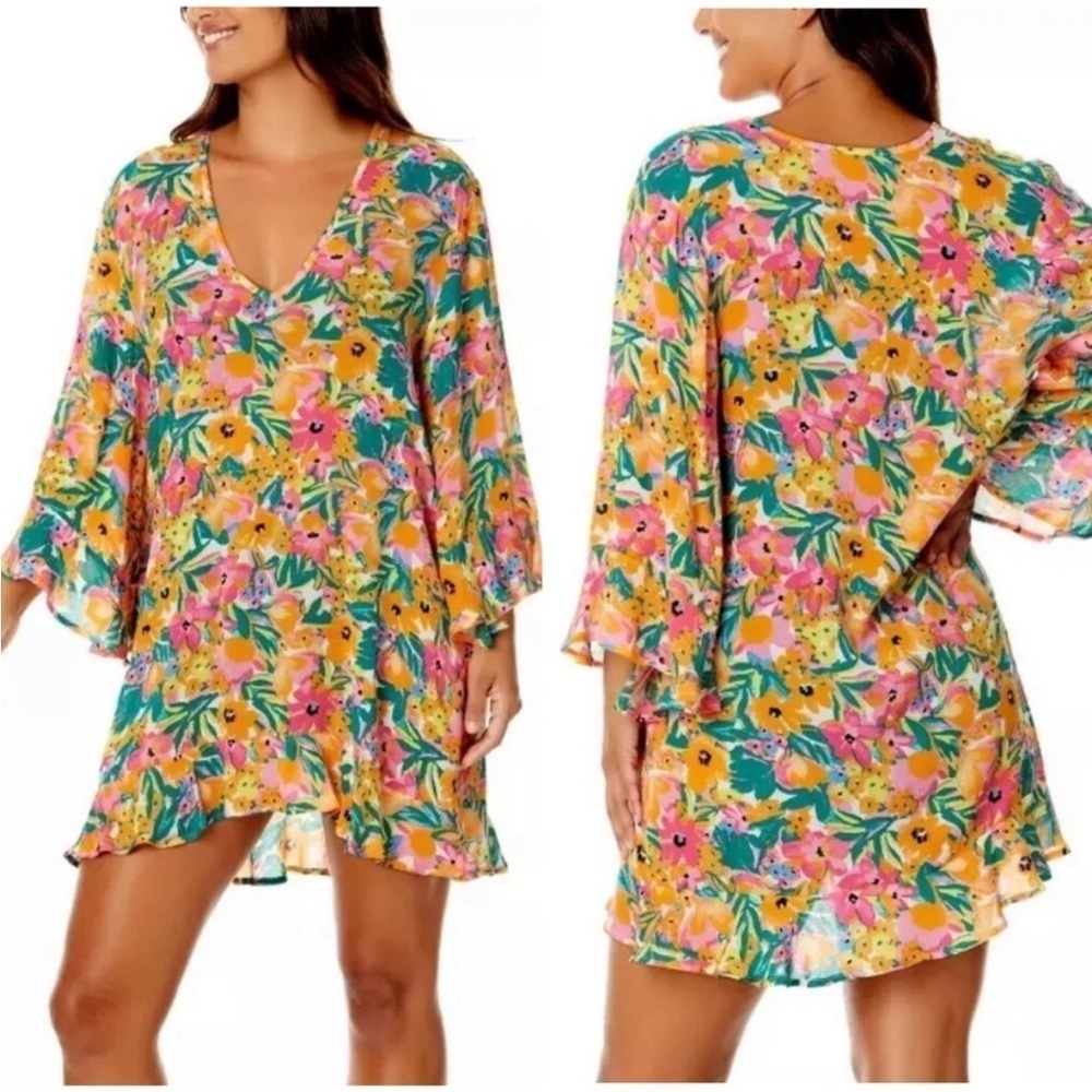 Anne Cole Sunshine Floral Tunic Swim Coverup V-Neck